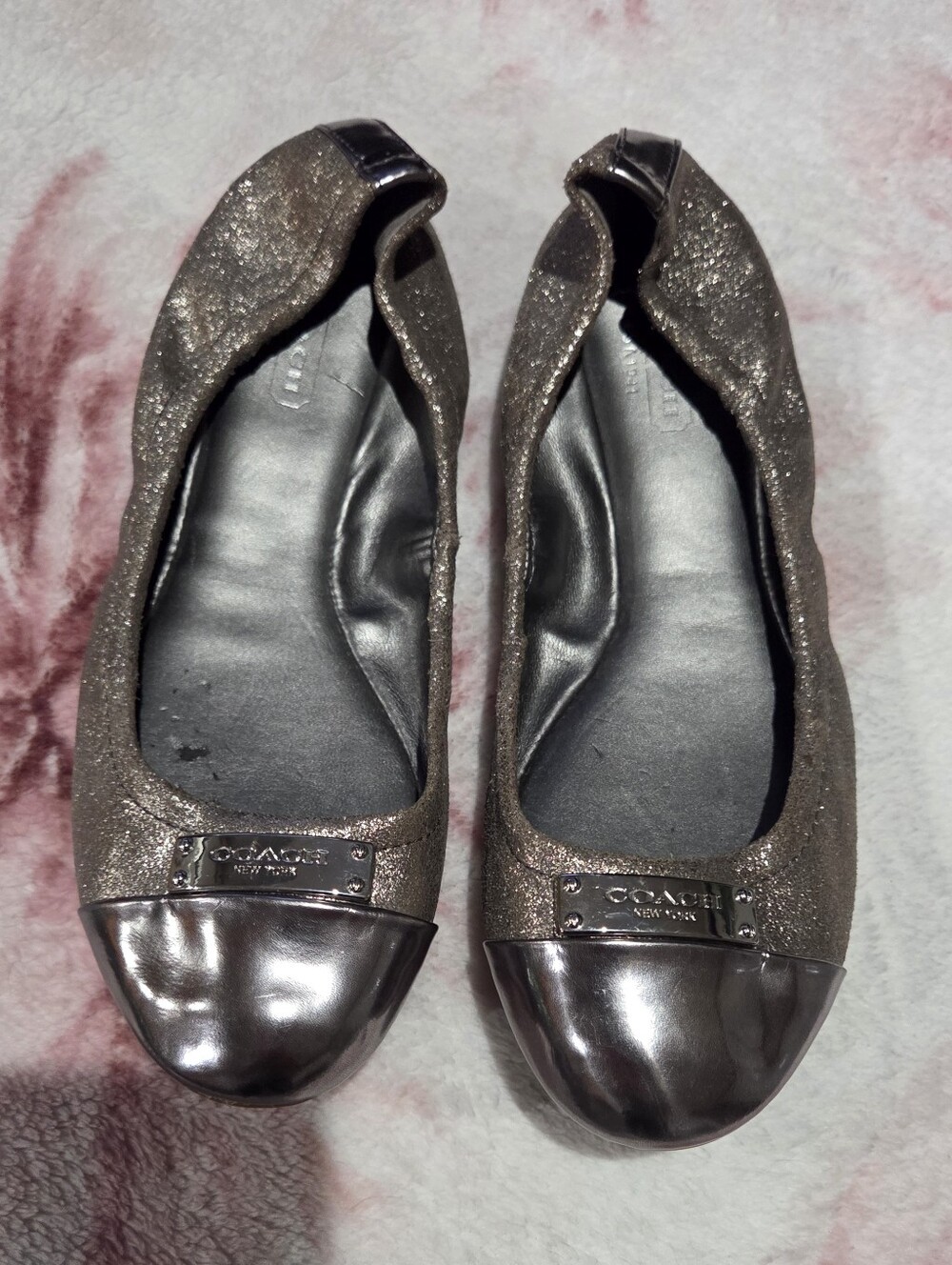 Coach Metallic Glitter Ballet Flats with Silver Cap Toe